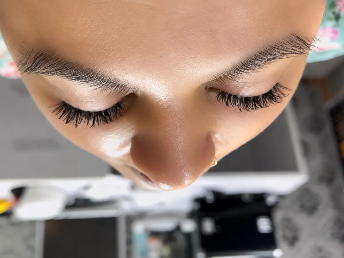 Close-up of eyelash extensions applied at Morning Glory Beauty Clinic in Jhelum.